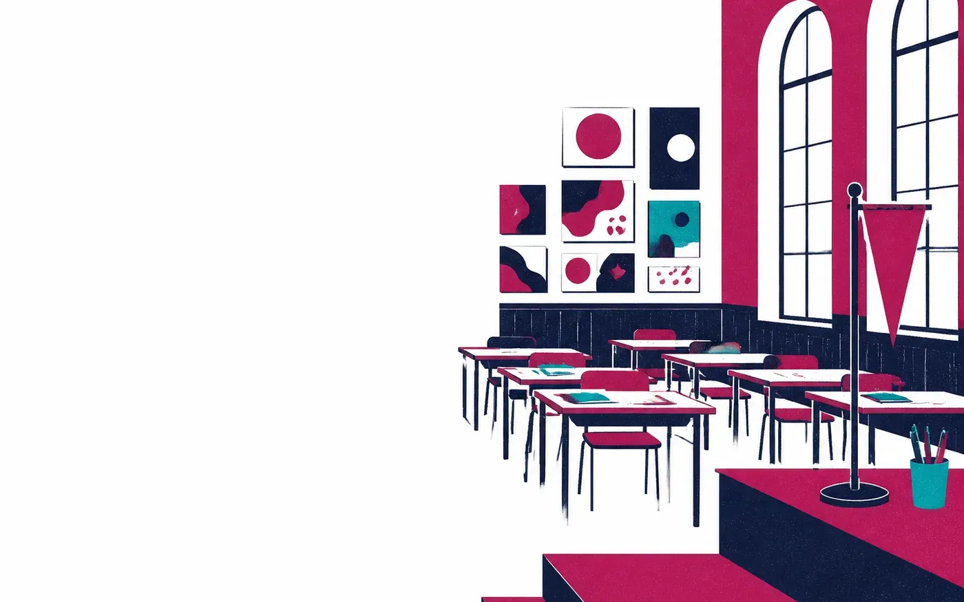 Salle de classe lumineuse avec une estrade au premier plan